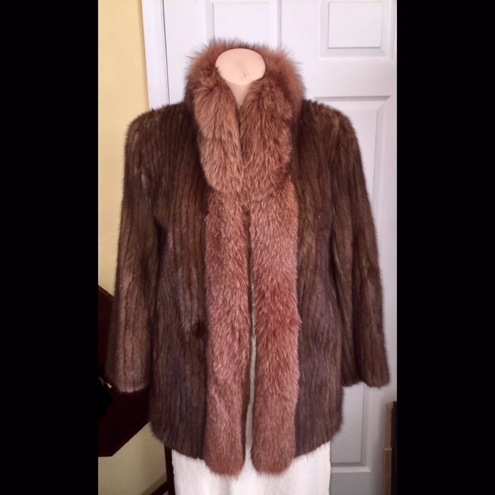 Corded Brown Mink Jacket Red Fox Tuxedo Collar